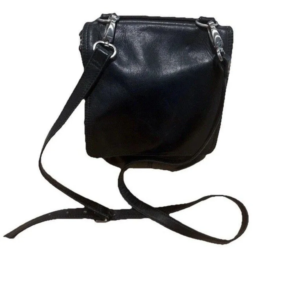 Coldwater Creek Black Leather Crossbody Organizer Handbag purse Bag 7”x9”